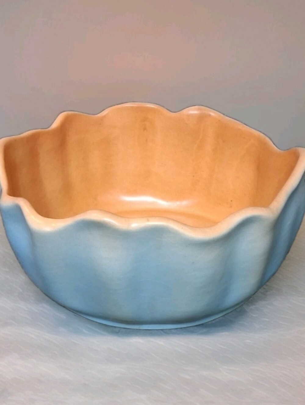 RARE Vintage Roseville Pottery Ruffled Bowl 60-6  Peach, Blue – C:1933